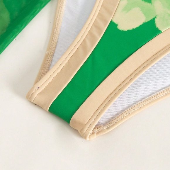 Green Beach Womens Floral Print Tie Shoulder One Piece Swimsuit With Beach Skirt - Picture 3 of 6